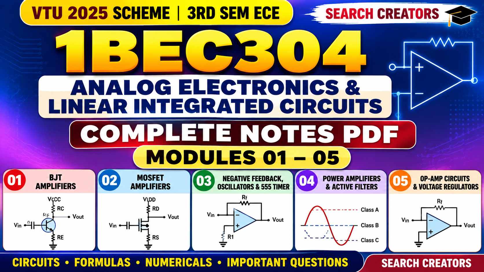 1BEC304 Analog Electronics and Linear Integrated Circuits Complete Notes PDF | Modules 1–5 | VTU 2025 Scheme | 3rd Sem ECE