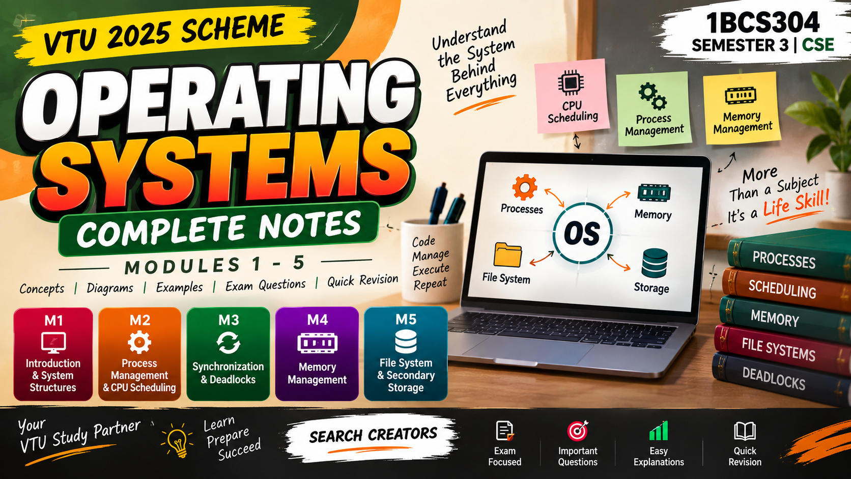 Operating Systems – Complete Notes (Modules 1–5) – 1BCS304