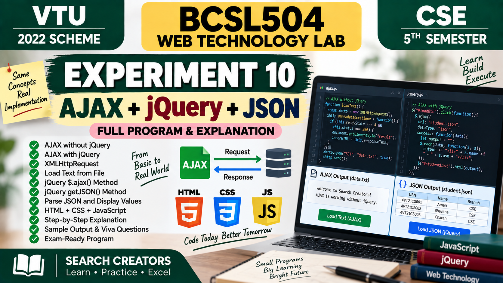 BCSL504 Experiment 10 AJAX, jQuery & JSON Program | VTU 2022 Scheme