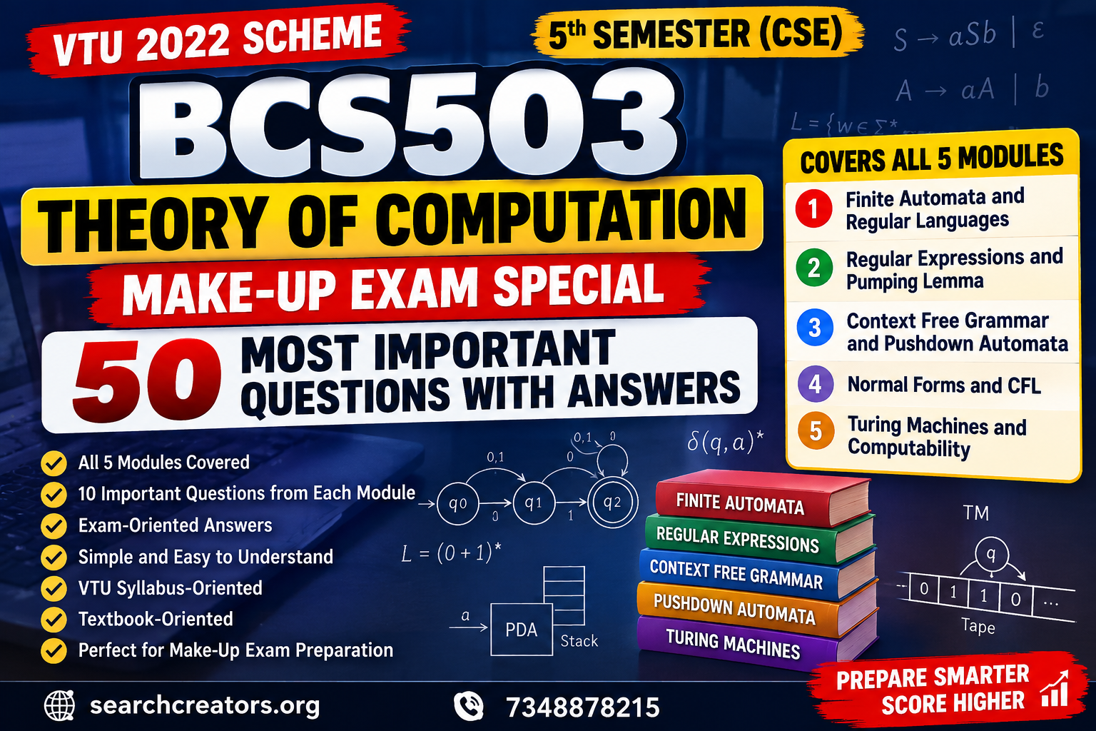 BCS503 Theory of Computation – Make-Up Exam 50 Most Important Questions with Answers