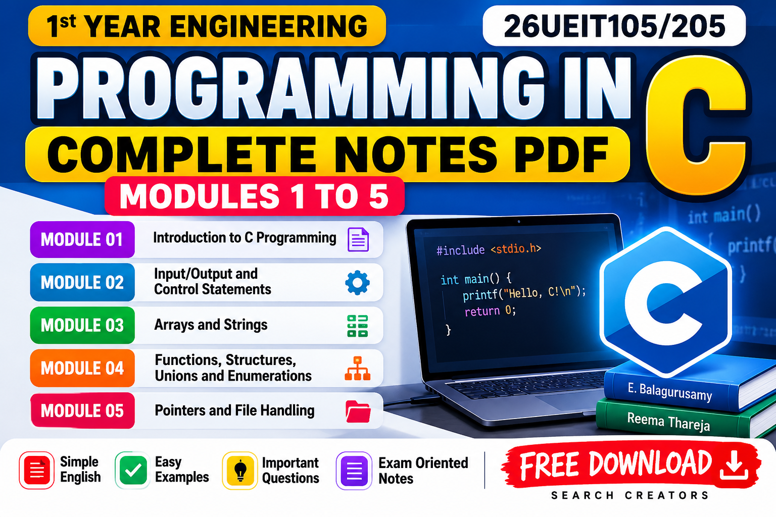 Programming in C Complete Notes PDF | Modules 1–5 | 26UEIT105/205 | 1st Year Engineering