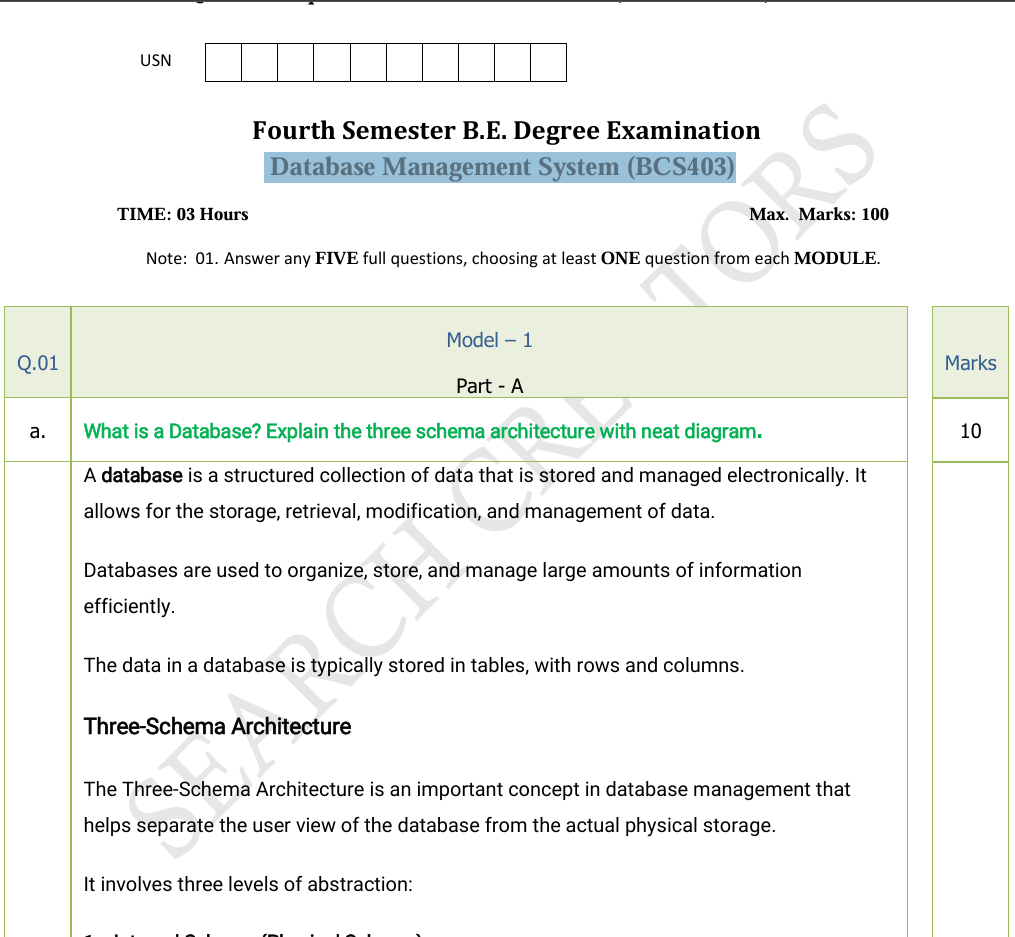  Database Management System (BCS403) MQP Solutions