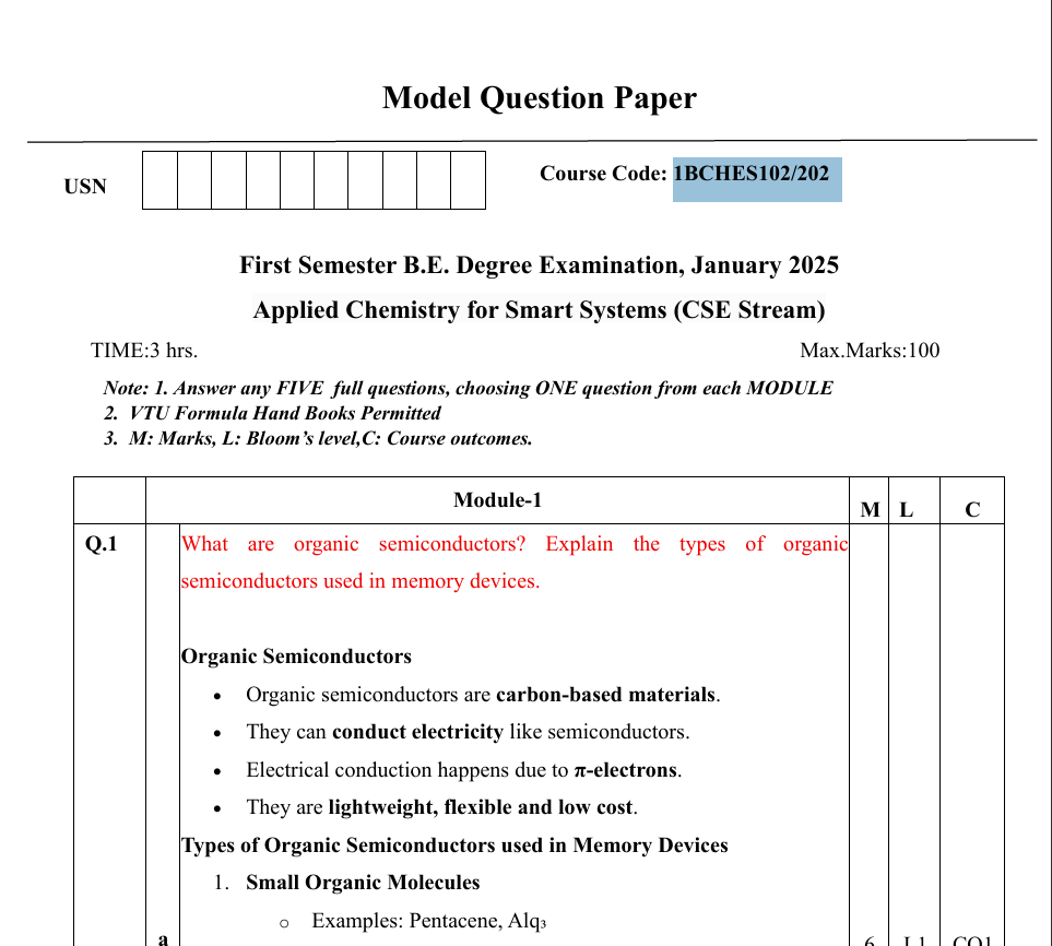 Model Question Paper Applied Chemistry for Smart Systems (CSE Stream) 1BCHES102/202    