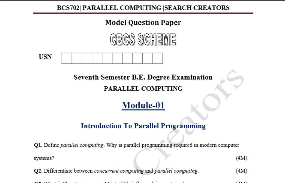 PARALLEL COMPUTING ,Model Question Paper 01-05 (BCS702)