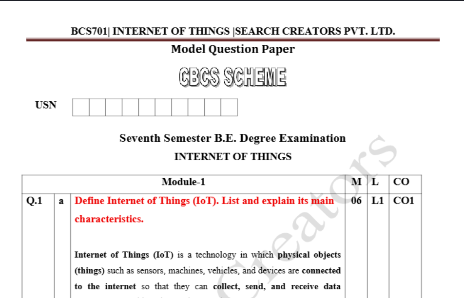 INTERNET OF THINGS ,Model Question Paper 01-05 (BCS701)